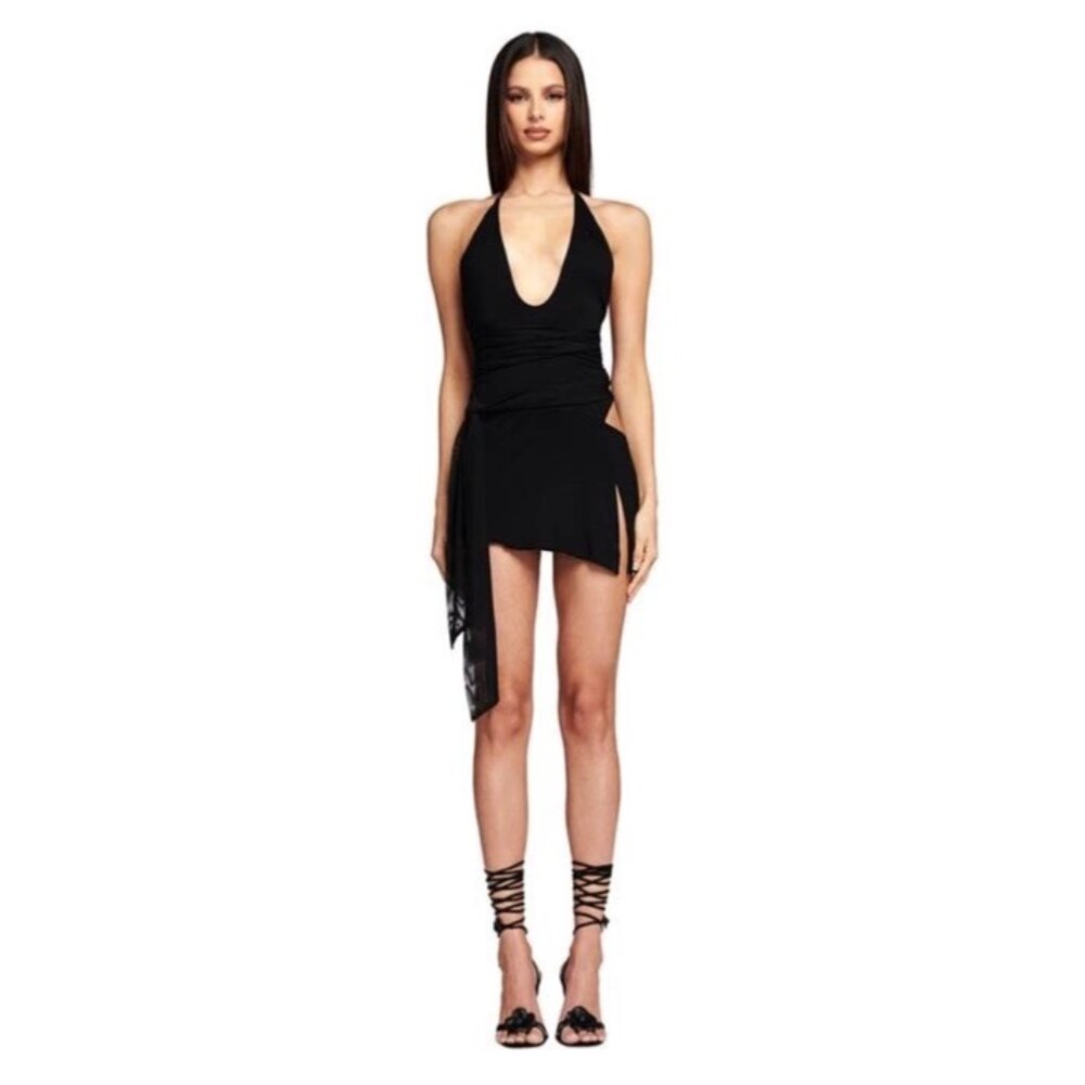 I.A.M.GIA Cecelia Black Halter Mini Dress S Side Slits Feminine Whimsy Grunge